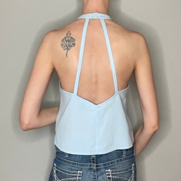Forever 21 Tops - Forever 21 Halter Open Back Tank Top Button Closure Sheer Light Blue M Medium